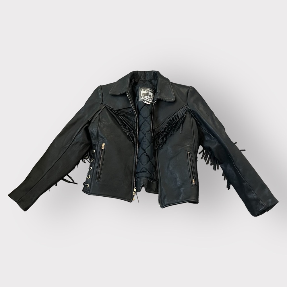 Vintage California Creations Black Fringe Leather Biker Jacket Sz 14 Motorcycle